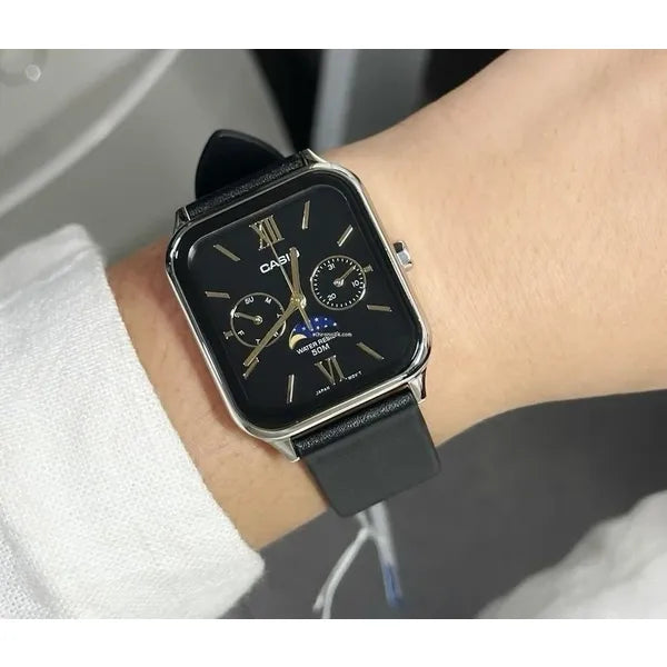 Casio férfi karóra MTP-M305L-1A2, fekete számlap, holdfázis, bőr szíj, WR50