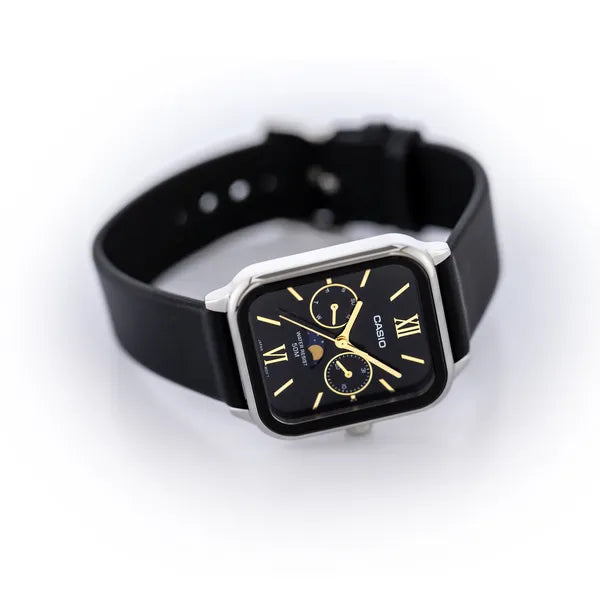 Casio férfi karóra MTP-M305L-1A2, fekete számlap, holdfázis, bőr szíj, WR50