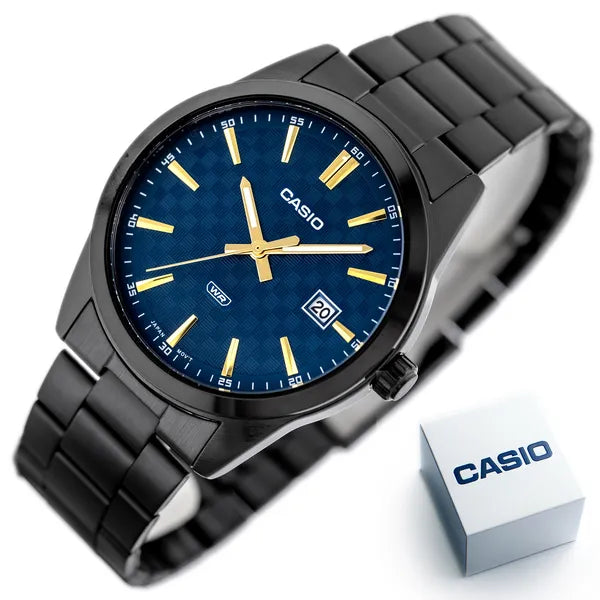 Casio MTP-VD03B-2A férfi karóra, kék számlap, acél fekete szíj, WR50