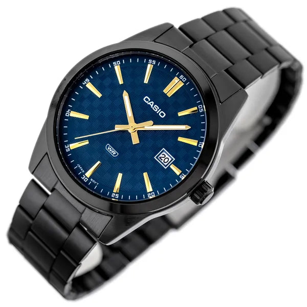 Casio MTP-VD03B-2A férfi karóra, kék számlap, acél fekete szíj, WR50