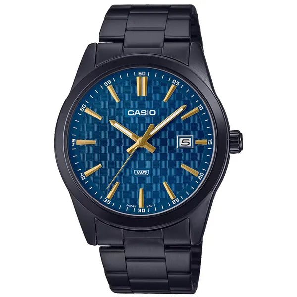 Casio MTP-VD03B-2A férfi karóra, kék számlap, acél fekete szíj, WR50