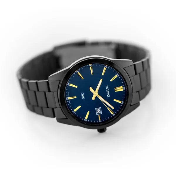 Casio MTP-VD03B-2A férfi karóra, kék számlap, acél fekete szíj, WR50