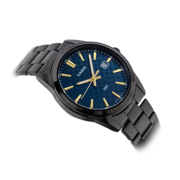 Casio MTP-VD03B-2A férfi karóra, kék számlap, acél fekete szíj, WR50