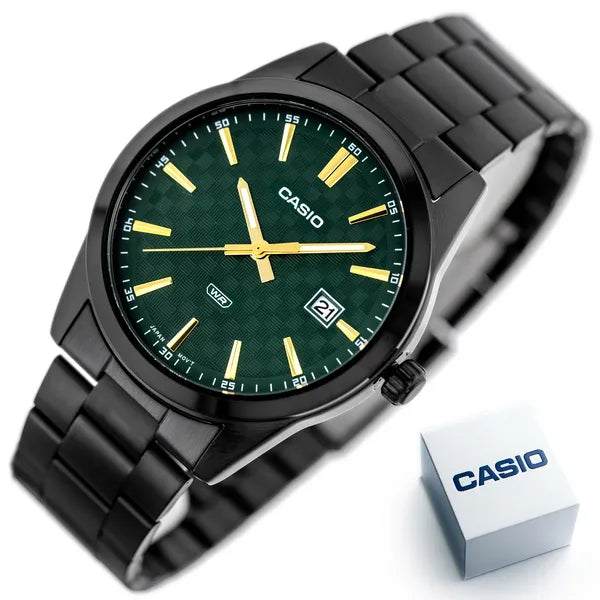 Casio MTP-VD03B-3A férfi óra, zöld számlap, acél szíj, WR50, 42 mm, fekete tok