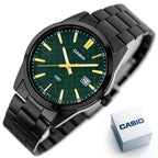 Casio MTP-VD03B-3A férfi óra, zöld számlap, acél szíj, WR50, 42 mm, fekete tok