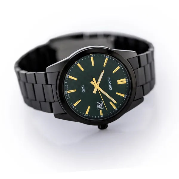 Casio MTP-VD03B-3A férfi óra, zöld számlap, acél szíj, WR50, 42 mm, fekete tok