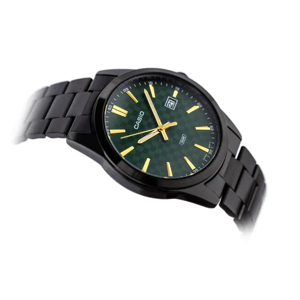 Casio MTP-VD03B-3A férfi óra, zöld számlap, acél szíj, WR50, 42 mm, fekete tok