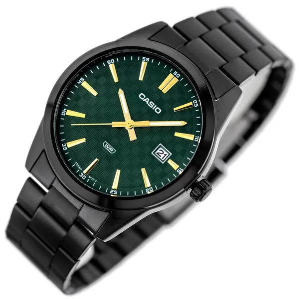 Casio MTP-VD03B-3A férfi óra, zöld számlap, acél szíj, WR50, 42 mm, fekete tok