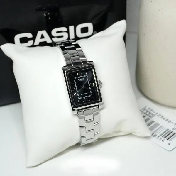 Casio női karóra LTP-1234DD-1A, téglalap tok, acél szíj, fekete, WR30