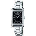 Casio női karóra LTP-1234DD-1A, téglalap tok, acél szíj, fekete, WR30