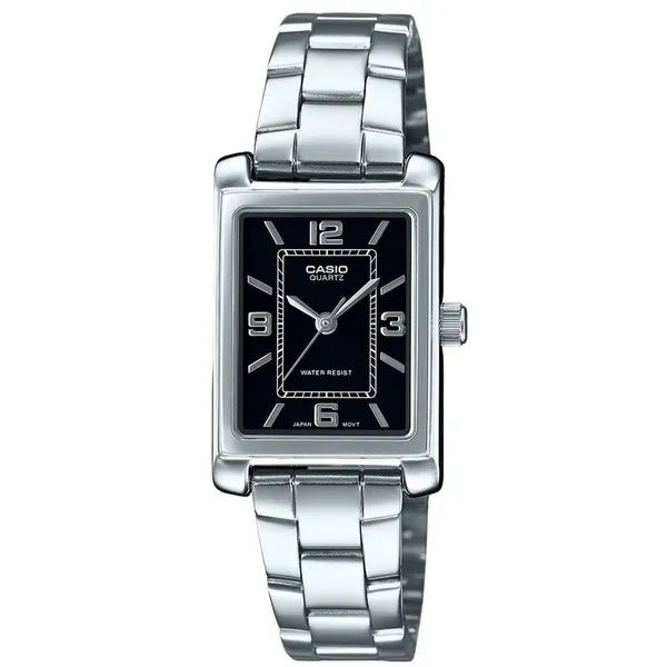 Casio női karóra LTP-1234DD-1A, téglalap tok, acél szíj, fekete, WR30
