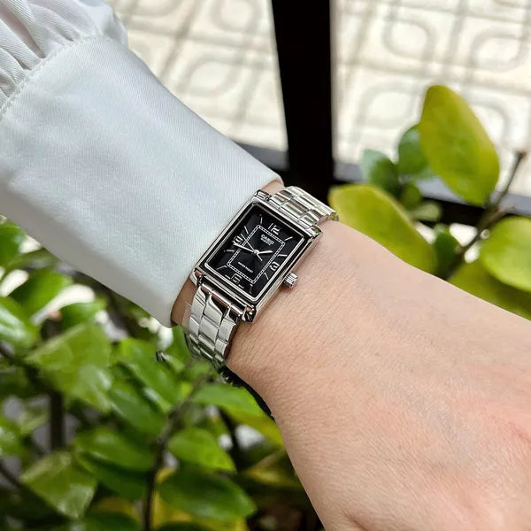 Casio női karóra LTP-1234DD-1A, téglalap tok, acél szíj, fekete, WR30