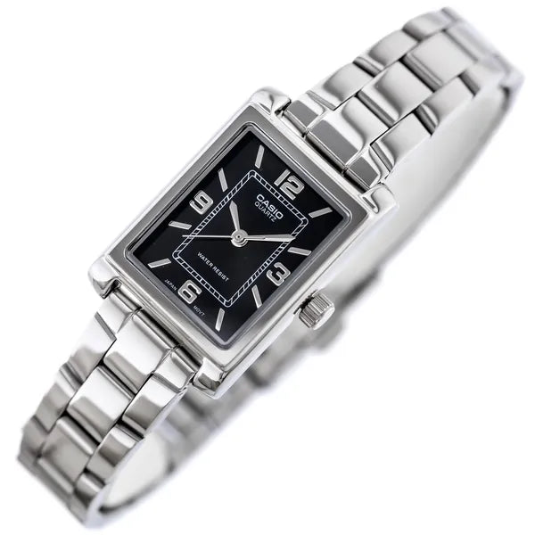 Casio női karóra LTP-1234DD-1A, téglalap tok, acél szíj, fekete, WR30