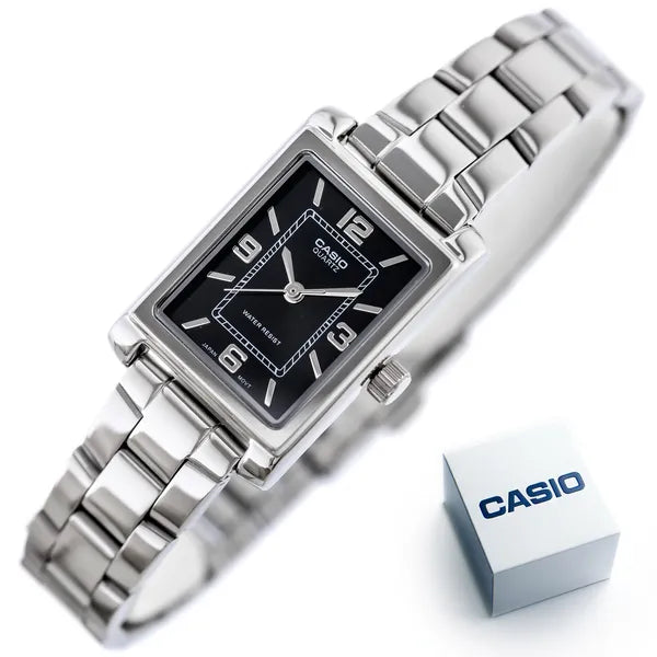 Casio női karóra LTP-1234DD-1A, téglalap tok, acél szíj, fekete, WR30