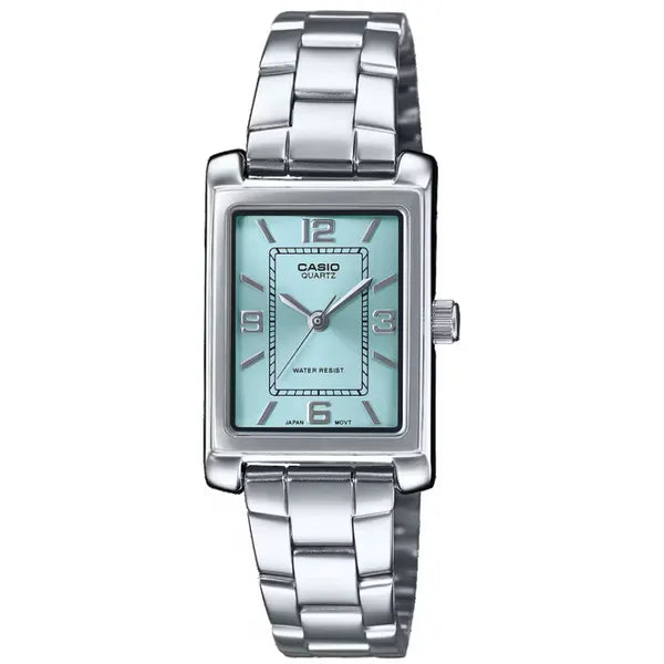 Casio LTP-1234DD-2A női karóra, téglalap tok, acél szíj, türkiz számlap, WR30