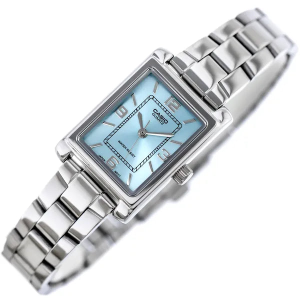 Casio LTP-1234DD-2A női karóra, téglalap tok, acél szíj, türkiz számlap, WR30