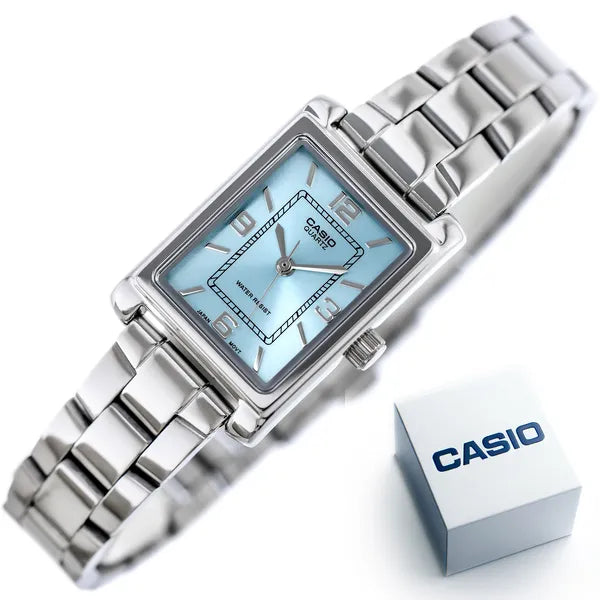 Casio LTP-1234DD-2A női karóra, téglalap tok, acél szíj, türkiz számlap, WR30