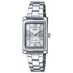 Casio női karóra LTP-1234DD-7A, téglalap tok, ezüst acél karkötő, WR30, kvarc