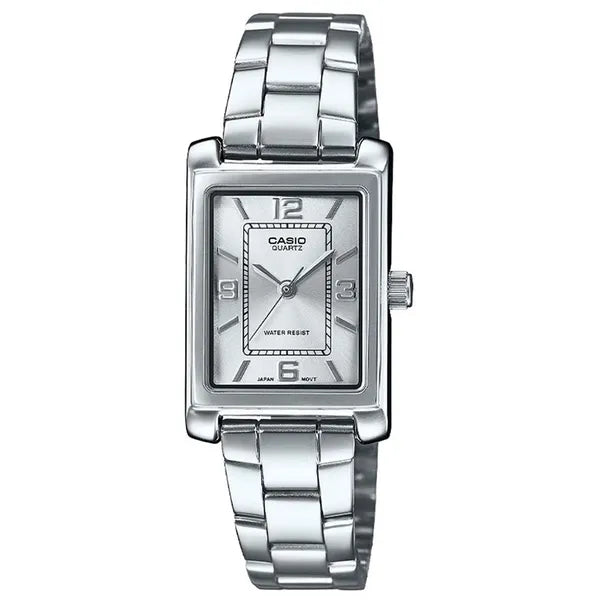 Casio női karóra LTP-1234DD-7A, téglalap tok, ezüst acél karkötő, WR30, kvarc