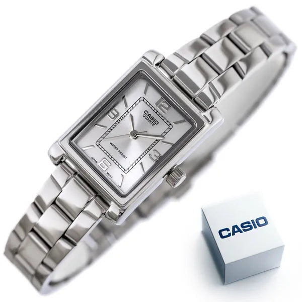 Casio női karóra LTP-1234DD-7A, téglalap tok, ezüst acél karkötő, WR30, kvarc