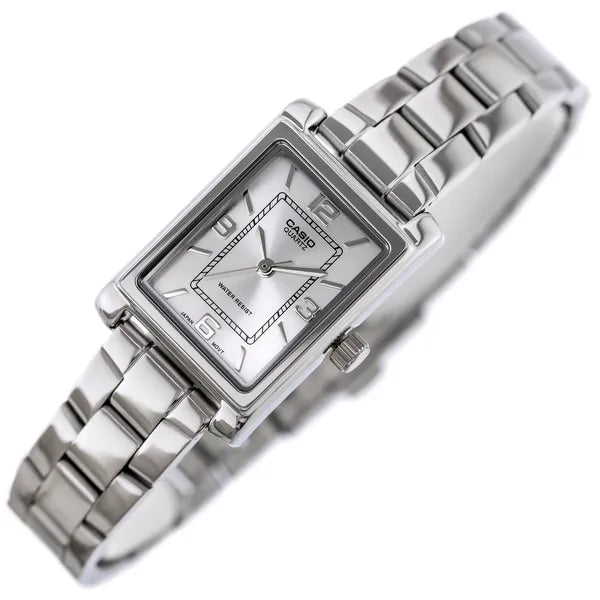 Casio női karóra LTP-1234DD-7A, téglalap tok, ezüst acél karkötő, WR30, kvarc