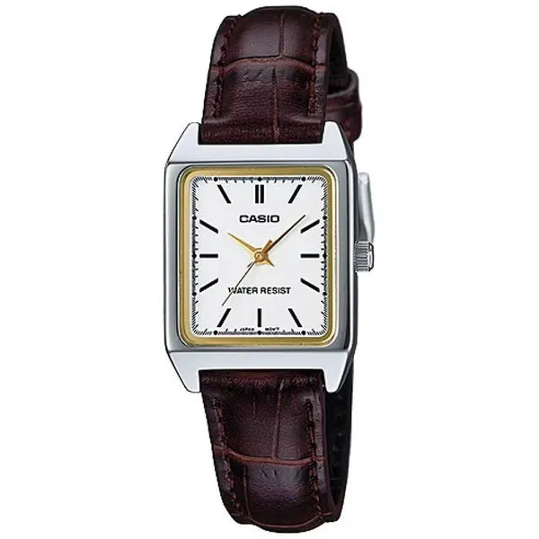 Casio LTP-V007L-7E2 női karóra, téglalap tok, barna bőrszíj, fehér számlap