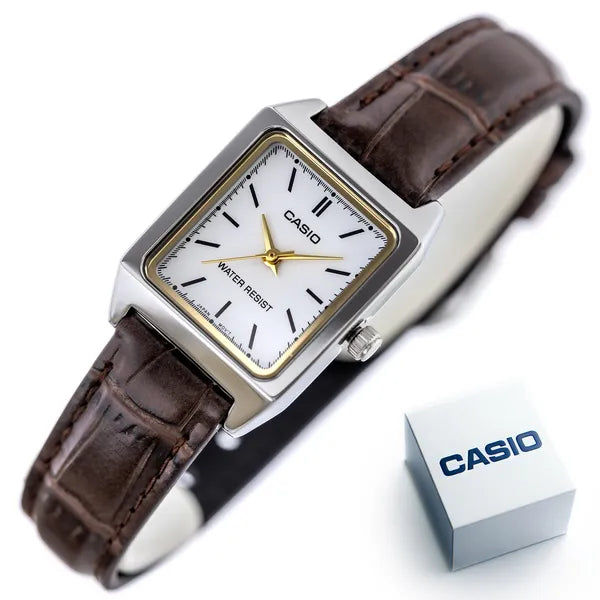 Casio LTP-V007L-7E2 női karóra, téglalap tok, barna bőrszíj, fehér számlap