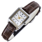 Casio LTP-V007L-7E2 női karóra, téglalap tok, barna bőrszíj, fehér számlap