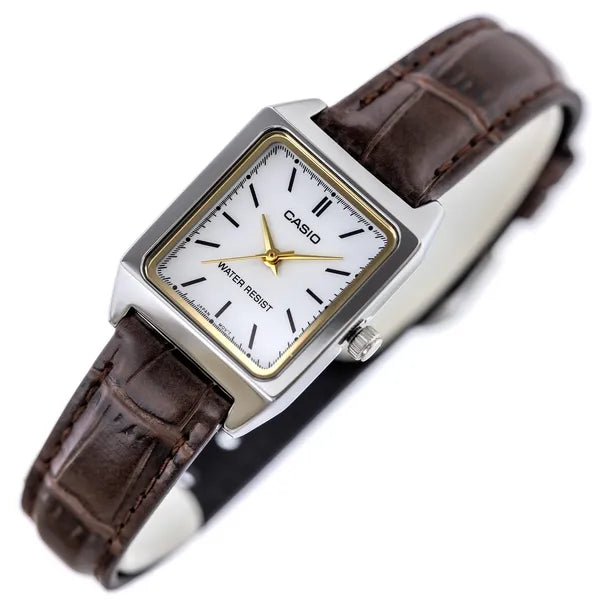 Casio LTP-V007L-7E2 női karóra, téglalap tok, barna bőrszíj, fehér számlap