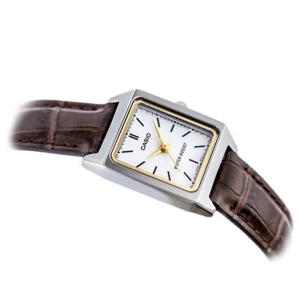 Casio LTP-V007L-7E2 női karóra, téglalap tok, barna bőrszíj, fehér számlap