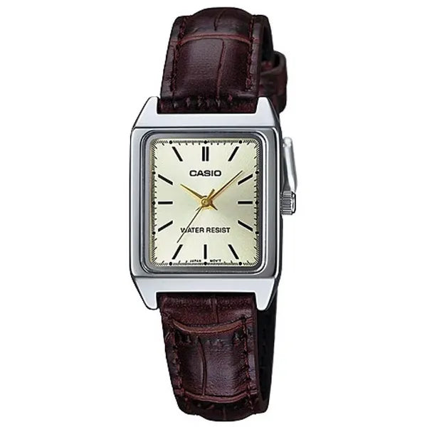 Casio LTP-V007L-9E női karóra, arany számlap, barna bőrszíj, WR30