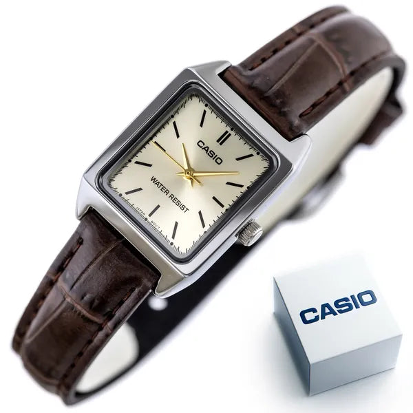 Casio LTP-V007L-9E női karóra, arany számlap, barna bőrszíj, WR30