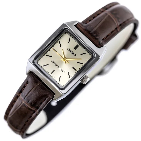 Casio LTP-V007L-9E női karóra, arany számlap, barna bőrszíj, WR30