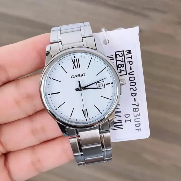 Casio férfi karóra MTP-V002D-7B3, ezüst acél, fehér számlap, WR30, 44 mm, dátum