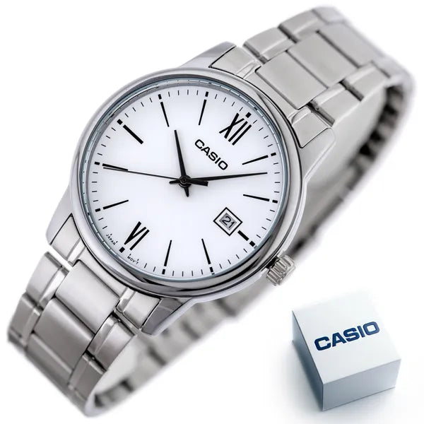 Casio férfi karóra MTP-V002D-7B3, ezüst acél, fehér számlap, WR30, 44 mm, dátum