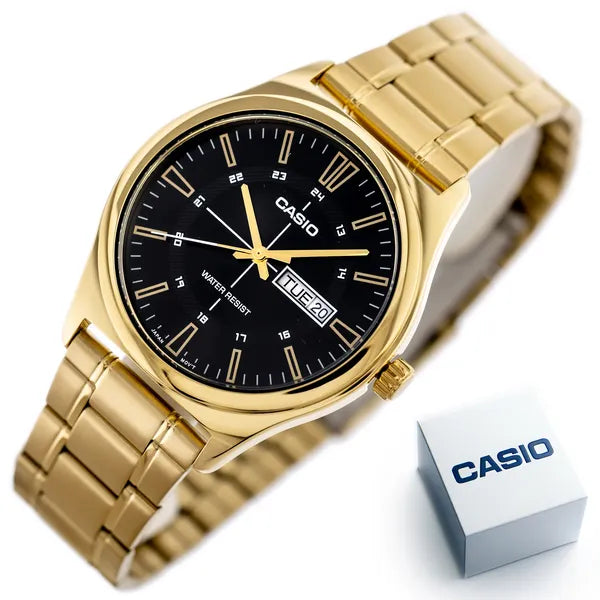Casio MTP-V006G-1C férfi karóra, arany acél szíj, fekete számlap, 38 mm