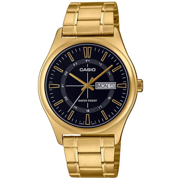 Casio MTP-V006G-1C férfi karóra, arany acél szíj, fekete számlap, 38 mm
