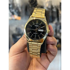Casio MTP-V006G-1C férfi karóra, arany acél szíj, fekete számlap, 38 mm