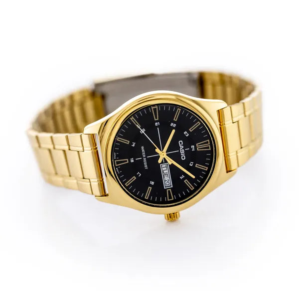 Casio MTP-V006G-1C férfi karóra, arany acél szíj, fekete számlap, 38 mm