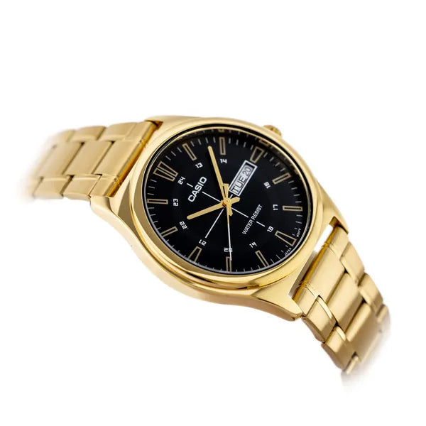 Casio MTP-V006G-1C férfi karóra, arany acél szíj, fekete számlap, 38 mm