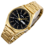 Casio MTP-V006G-1C férfi karóra, arany acél szíj, fekete számlap, 38 mm