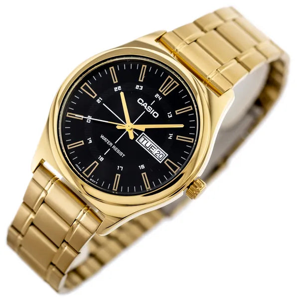 Casio MTP-V006G-1C férfi karóra, arany acél szíj, fekete számlap, 38 mm