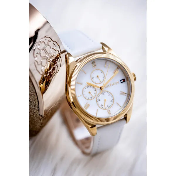 Tommy Hilfiger Monica 1782594 női karóra, 38 mm, bőr szíj, arany tok, fehér