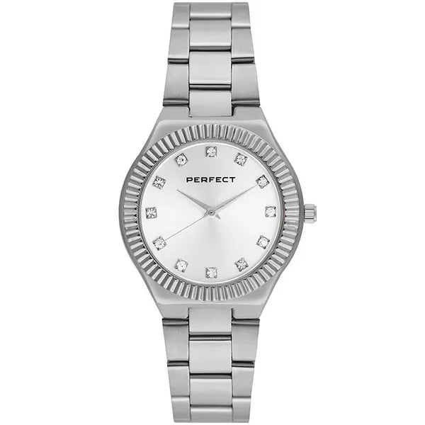 Perfect női karóra ezüst, fém szíj, 34 mm, kvarc, WR30, kristályok
