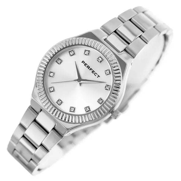 Perfect női karóra ezüst, fém szíj, 34 mm, kvarc, WR30, kristályok