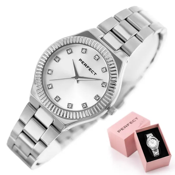 Perfect női karóra ezüst, fém szíj, 34 mm, kvarc, WR30, kristályok
