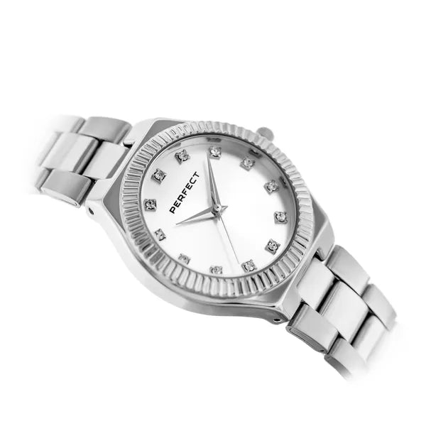Perfect női karóra ezüst, fém szíj, 34 mm, kvarc, WR30, kristályok