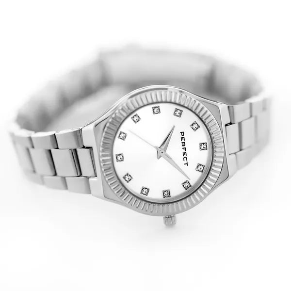 Perfect női karóra ezüst, fém szíj, 34 mm, kvarc, WR30, kristályok