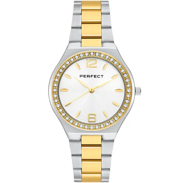 Perfect S390-05 női kvarc karóra, ezüst/arany, kristályos, 34 mm, WR30