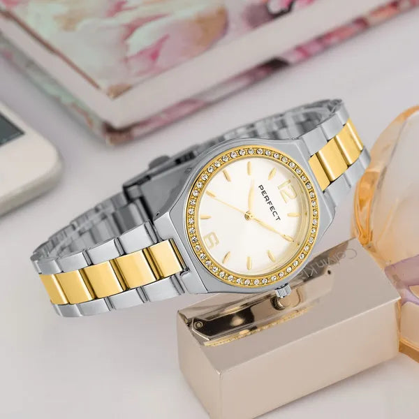 Perfect S390-05 női kvarc karóra, ezüst/arany, kristályos, 34 mm, WR30